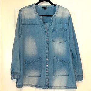 Argee Womens 2X Cotton V-Neck Blue Denim Button Up Shirt w/Pockets